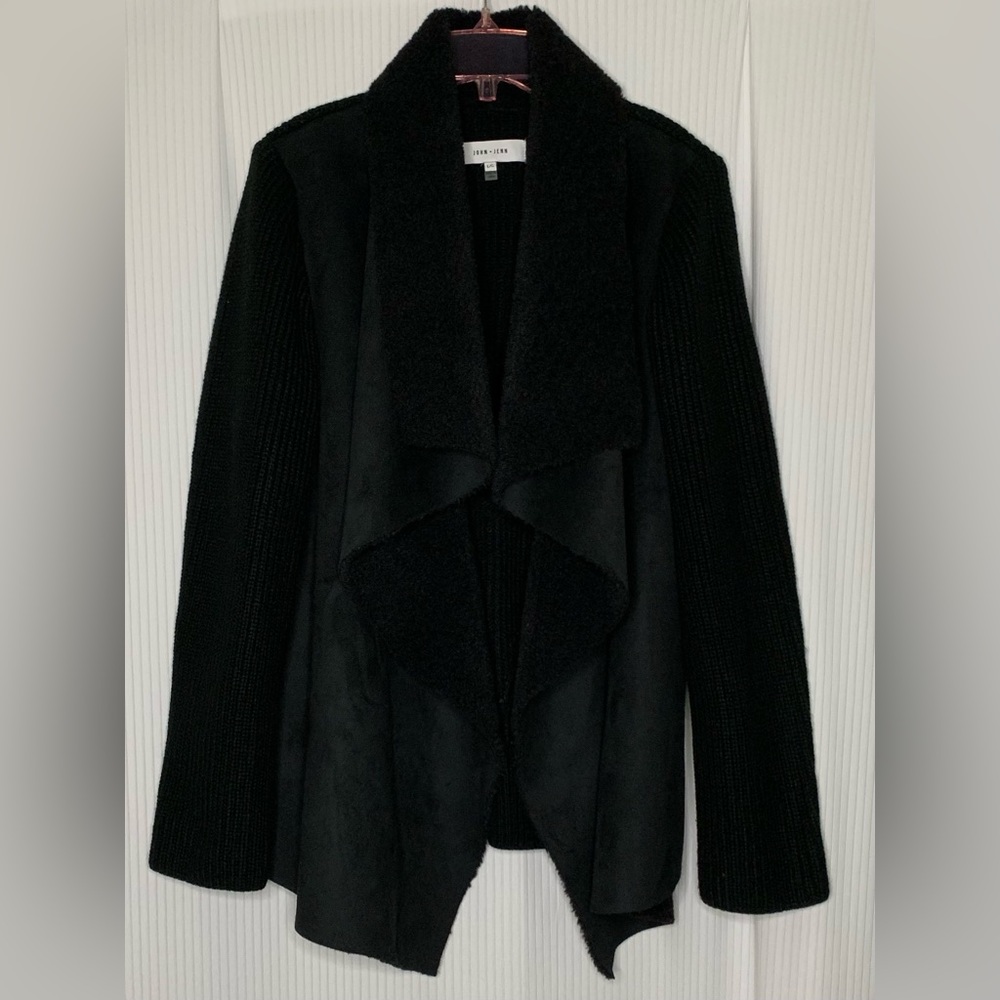 John + Jenn Cardigan Faux Suede Front Knit Arms and Back Black Large